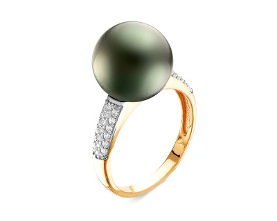 Кольцо из желтого золота с черной морской Таитянской жемчужиной 13-13,5 мм