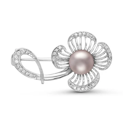 Брошь "Цветок" из серебра с розовой речной жемчужиной 7,5-8 мм