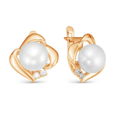 Серьги из красного золота с белыми речными жемчужинами 7,5-8 мм