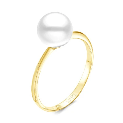 Кольцо из желтого золота с белой морской жемчужиной Акойя 7-7,5 мм