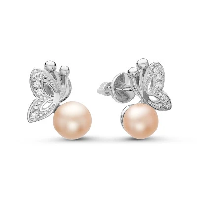 Серьги "Бабочки" из серебра с розовыми речными жемчужинами 5,5-6 мм