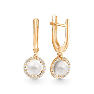 Серьги из красного золота с белыми речными жемчужинами 6-6,5 мм