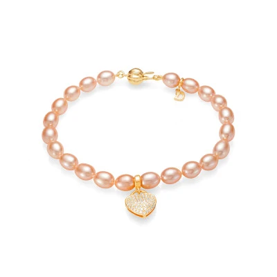 Браслет из розового речного жемчуга 6-6,5 мм с подвеской "Сердечко"