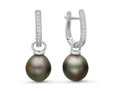 Серьги из серебра c черными морскими Таитянскими жемчужинами 10,6-10,9 мм