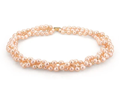 Ожерелье 3-рядное из розового рисообразного жемчуга. Жемчужины 7,5-8 мм