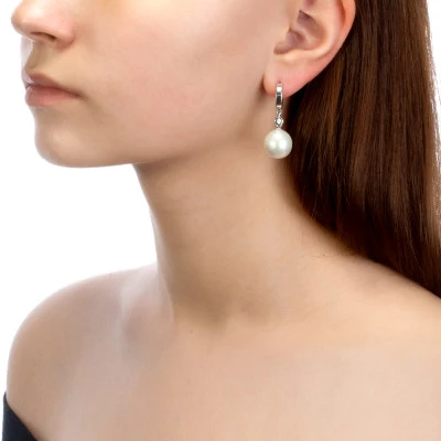 Серьги из серебра c белыми японскими речными жемчужинами 14-14,5 мм