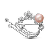 Брошь "Цветы", украшенная розовой речной жемчужиной 10,5-11 мм