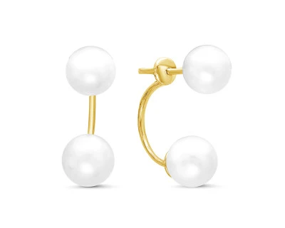 Пусеты "Диор" из желтого золота с белыми речными жемчужинами 8-9 мм