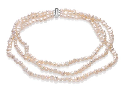 Ожерелье 3-рядное из белого барочного речного жемчуга класса ААА. Жемчужины 7-7,5 мм