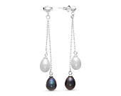 Серьги из серебра c белым и черным речным жемчугом 7,5-8 мм