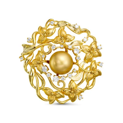 Брошь-кулон "Цветок" с Австралийской золотой жемчужиной 10,6-10,9 мм