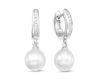 Серьги из серебра с белыми морскими Австралийскими жемчужинами 10-10,5 мм