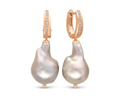 Серьги из серебра с серебристыми жемчужинами "Барокко" 13-16 мм