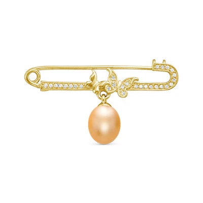 Брошь из серебра с золотистой речной жемчужиной 9,5-10 мм
