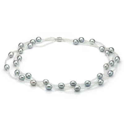 Ожерелье из серого рисообразного речного жемчуга и бисера. Жемчужины 9-10 мм