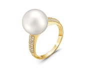 Кольцо из желтого золота с белой морской Австралийской жемчужиной 13 мм