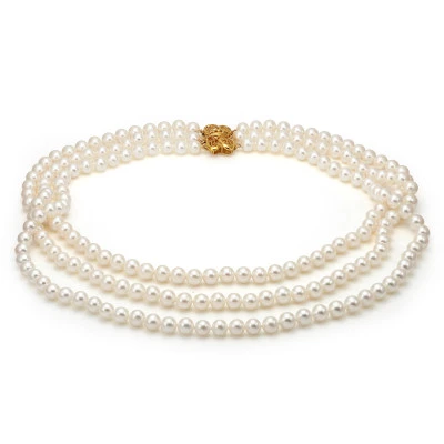 Ожерелье 3-рядное из белого пресноводного жемчуга класса АА+. Жемчужины 6-6,5 мм