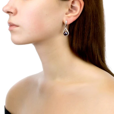 Серьги из серебра с черными речными жемчужинами 8,5-9 мм