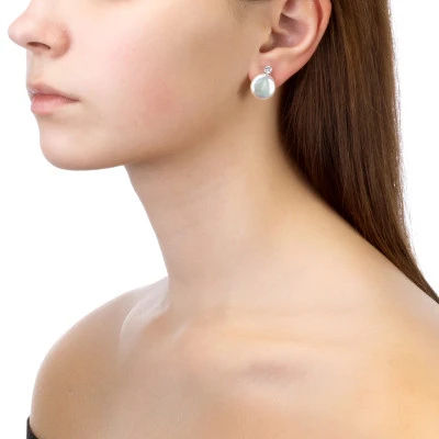 Серьги из серебра с белыми речными жемчужинами "Барокко" 13,5-14 мм