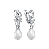 Серьги "Бабочки" из серебра с белыми речными жемчужинами 7,5-8 мм