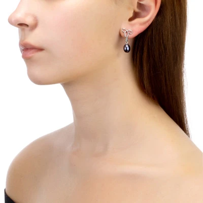 Серьги "Бантики" из серебра с черными речными жемчужинами 7,5-8 мм