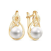Серьги из желтого золота с белыми речными жемчужинами 8,5-9 мм