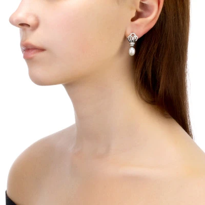 Серьги из серебра c белыми речными жемчужинами 7-8 мм