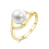 Кольцо из желтого золота с белой речной жемчужиной 9,5-10 мм