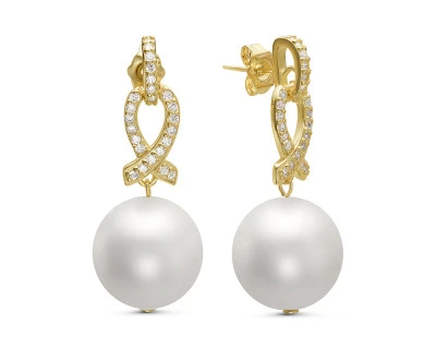 Серьги из серебра с белыми жемчужинами "Майорика" 14-15 мм