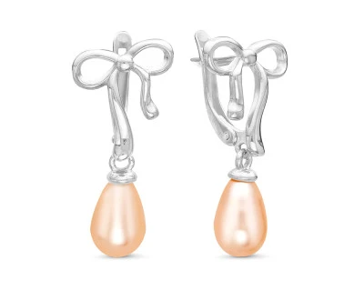 Серьги "Бантики" из серебра с розовыми речными жемчужинами 7,5-8 мм