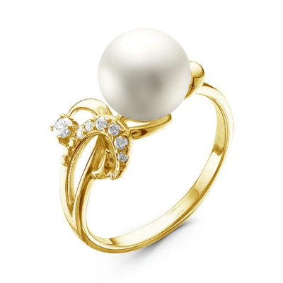 Кольцо из желтого золота с белой речной жемчужиной 8,5-9 мм