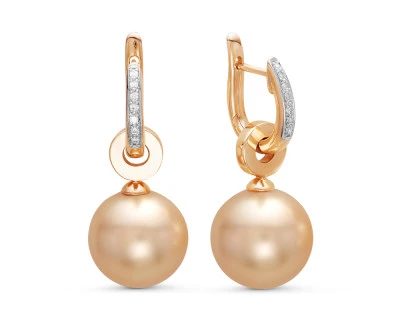 Серьги из желтого золота с золотистыми морскими Австралийскими жемчужинами 13-13,5 мм