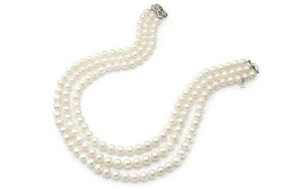 Ожерелье 3-рядное из белого круглого речного жемчуга класса ААА. Жемчужины 6-6,5 мм