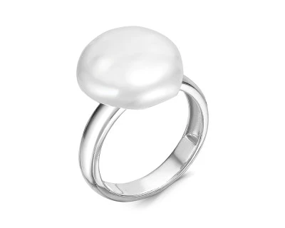 Кольцо из серебра с белой речной жемчужиной "Барокко" 13 мм