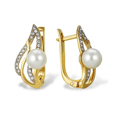 Серьги из желтого золота с белыми речными жемчужинами 7-7,5 мм