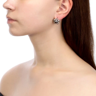 Серьги "Роза" из серебра с черными речными жемчужинами 8,5-9 мм