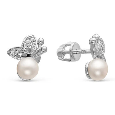 Серьги "Бабочки"  из серебра c белыми речными жемчужинами 5,5-6 мм