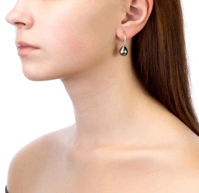 Серьги из серебра c черными морскими Таитянскими жемчужинами 10-10,5 мм