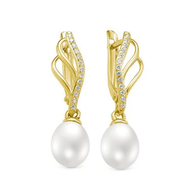 Серьги из желтого золота с белыми речными жемчужинами 9-10 мм