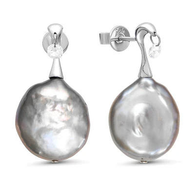 Серьги из серебра с серебристыми жемчужинами "Барокко" 19-20 мм