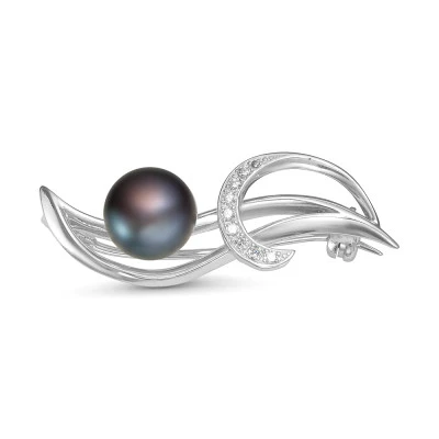Брошь из серебра с черной речной жемчужиной 9,5-10 мм