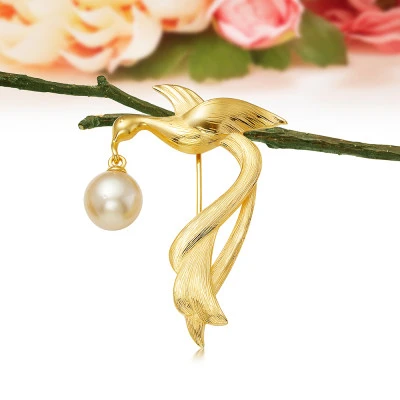 Брошь "Птица" из серебра с золотистой Австралийской жемчужиной 10-10,5 мм