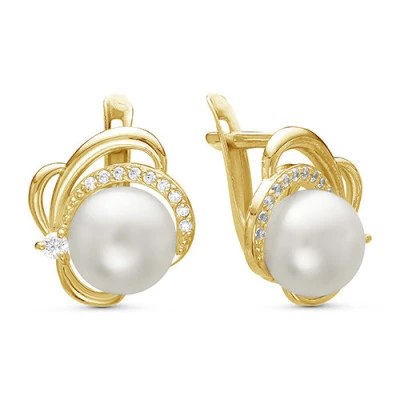 Серьги из желтого золота с белыми речными жемчужинами 7-7,5 мм