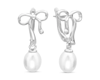 Серьги "Бантики" из серебра с белыми речными жемчужинами 7,5-8 мм