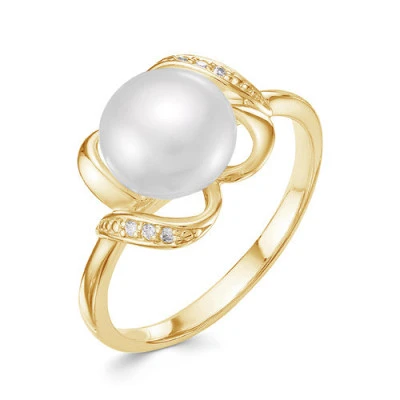 Кольцо из желтого золота с белой речной жемчужиной 8,5-9 мм