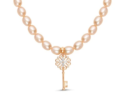 Ожерелье из розового жемчуга с подвеской из серебра "Ключик". Жемчуг 7,5-8 мм
