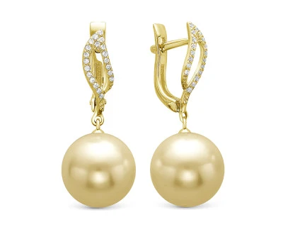 Серьги из желтого золота с золотистыми морскими Австралийскими жемчужинами 12-12,5 мм