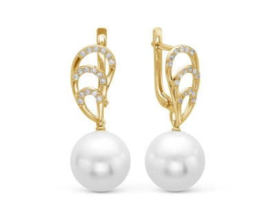 Серьги из желтого золота с белыми морскими Австралийскими жемчужинами 13,6-13,9 мм