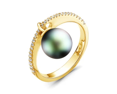 Кольцо из желтого золота с черной морской Таитянской жемчужиной 10-10,5 мм