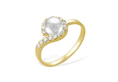 Кольцо из желтого золота с белой речной жемчужиной 7-7,5 мм